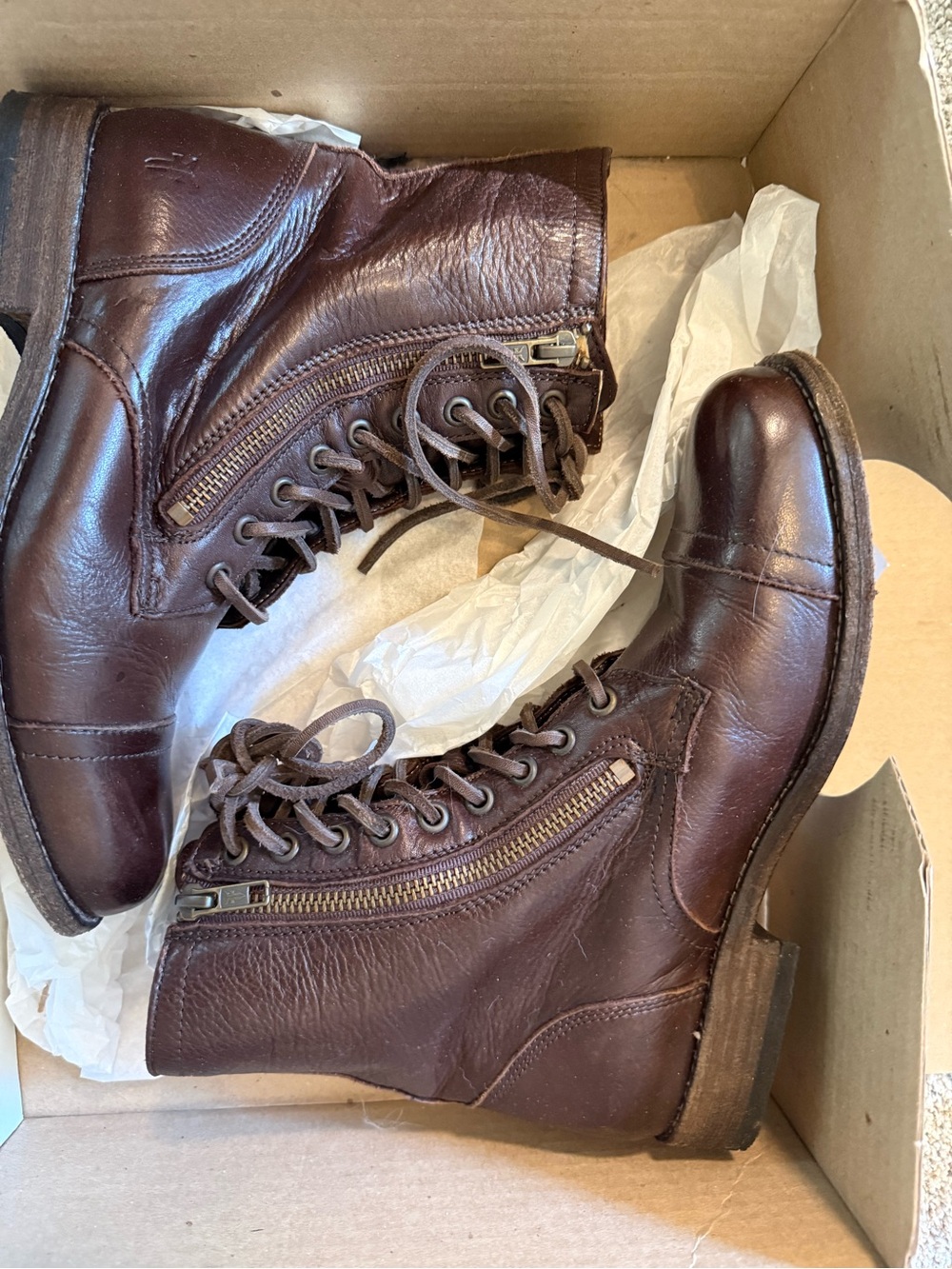 Frye Dark Brown Leather Lace-Up Zip Ankle Boots